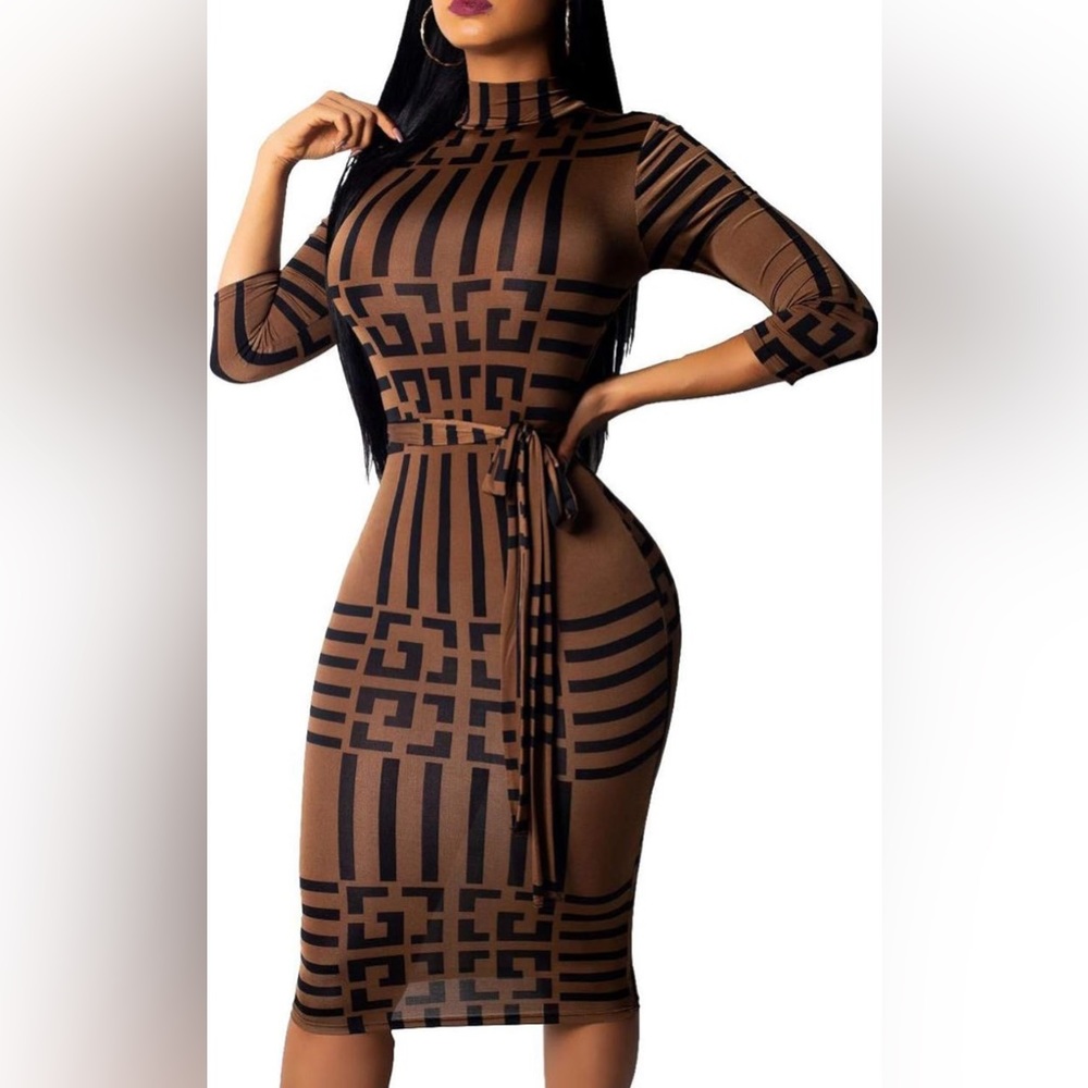 Sexy Brown Geometric Dress Bodycon L
